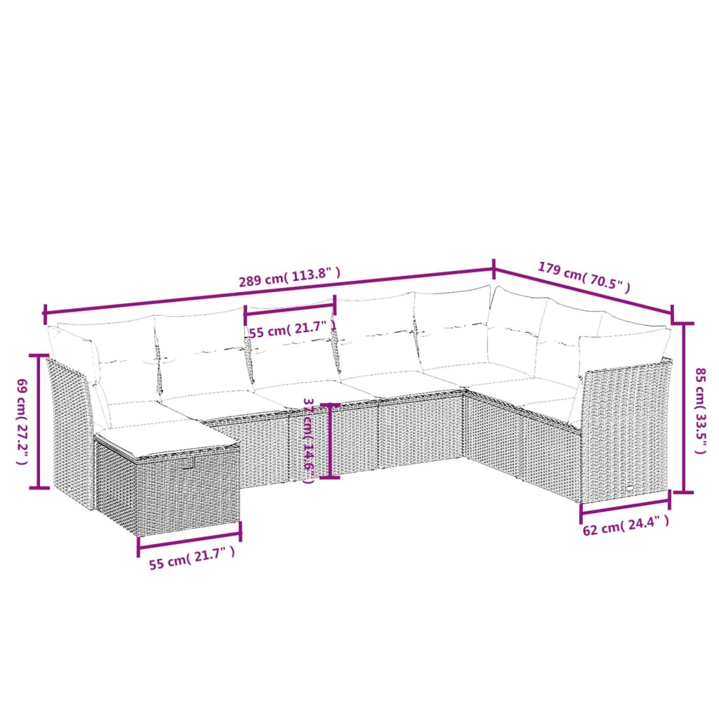 Salon de jardin avec coussins 8 pcs beige résine tressée