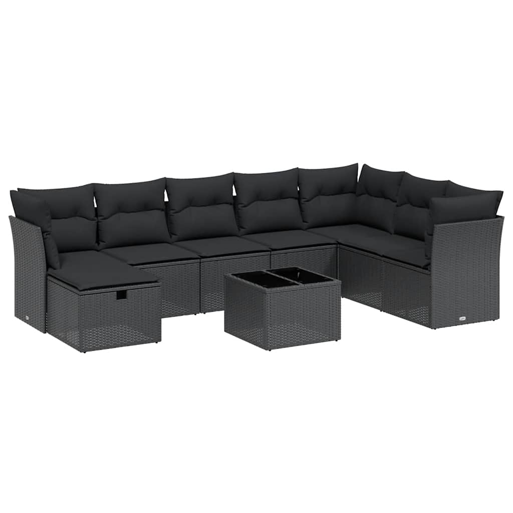 Salon de jardin 9 pcs avec coussins noir résine tressée