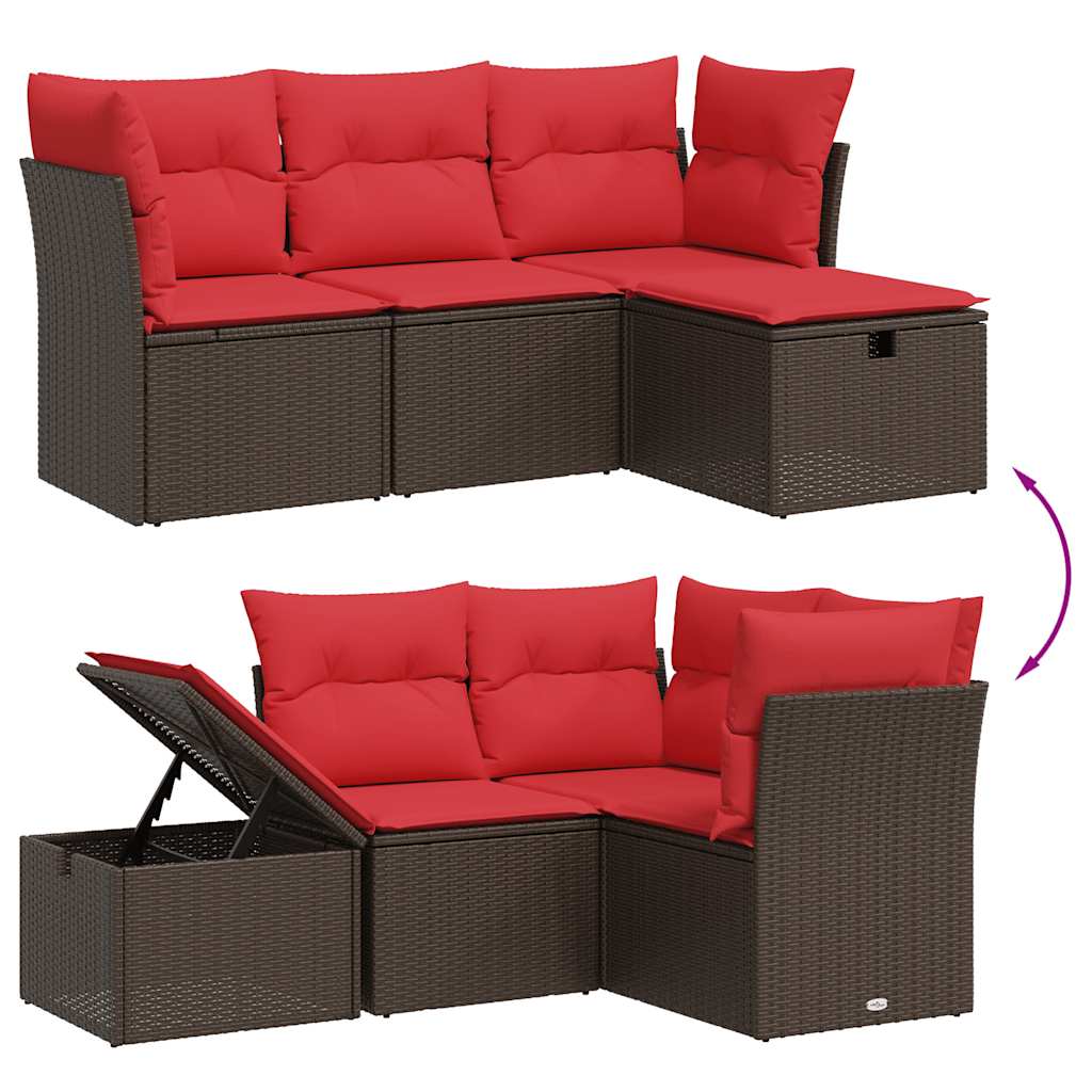 Ensemble de canapé de jardin 4 pcs avec coussins marron résine tressée