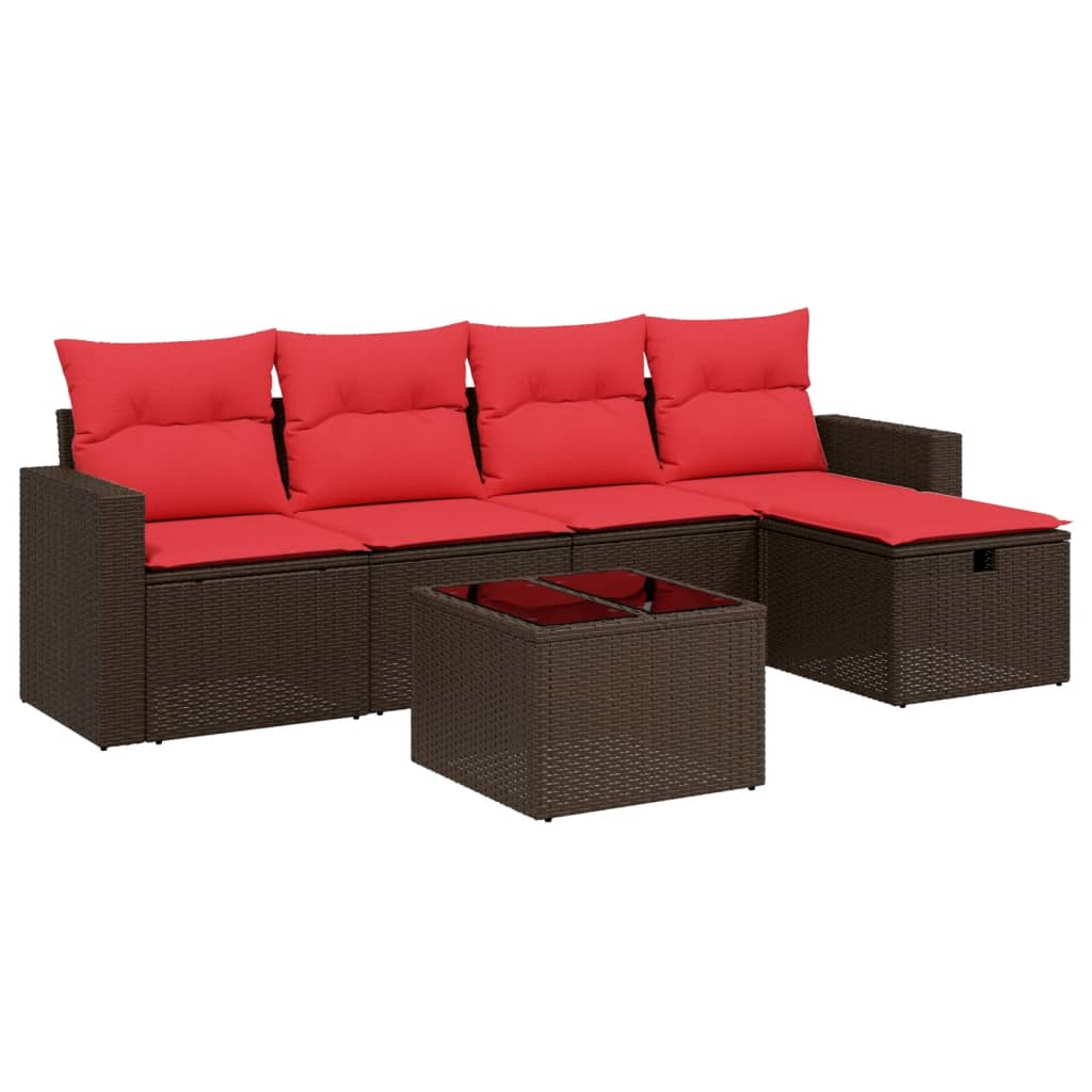 Ensemble de canapé de jardin 6 pcs avec coussins marron résine tressée