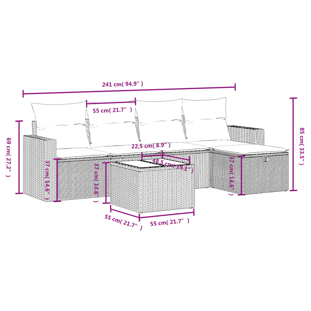 Ensemble de canapé de jardin 6 pcs avec coussins marron résine tressée