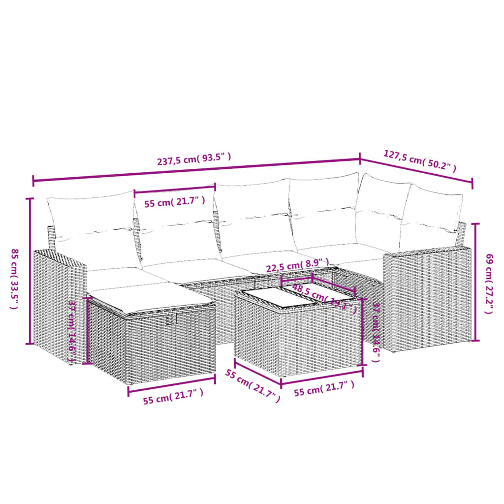 Salon de jardin avec coussins 7 pcs beige résine tressée