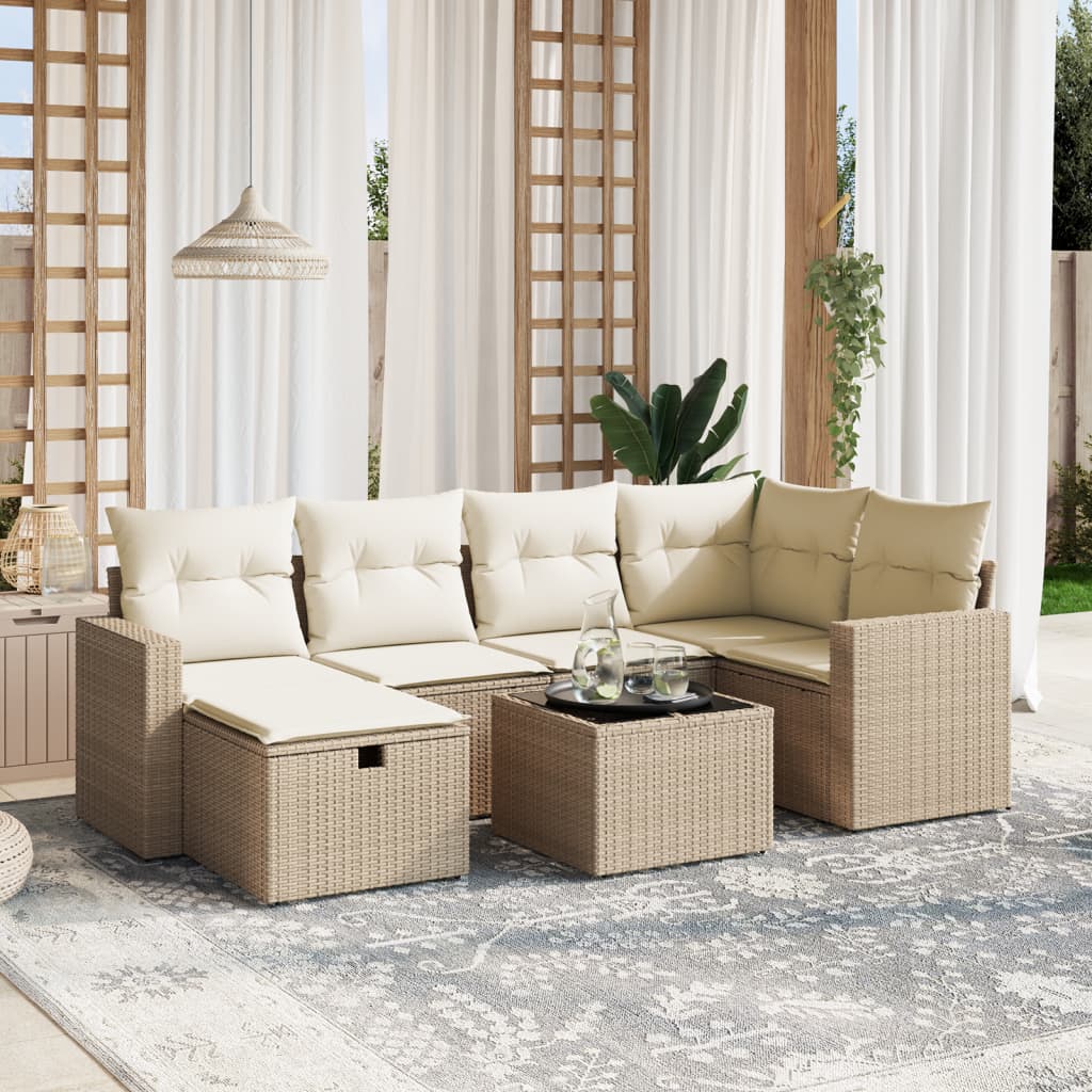 Salon de jardin avec coussins 7 pcs beige résine tressée
