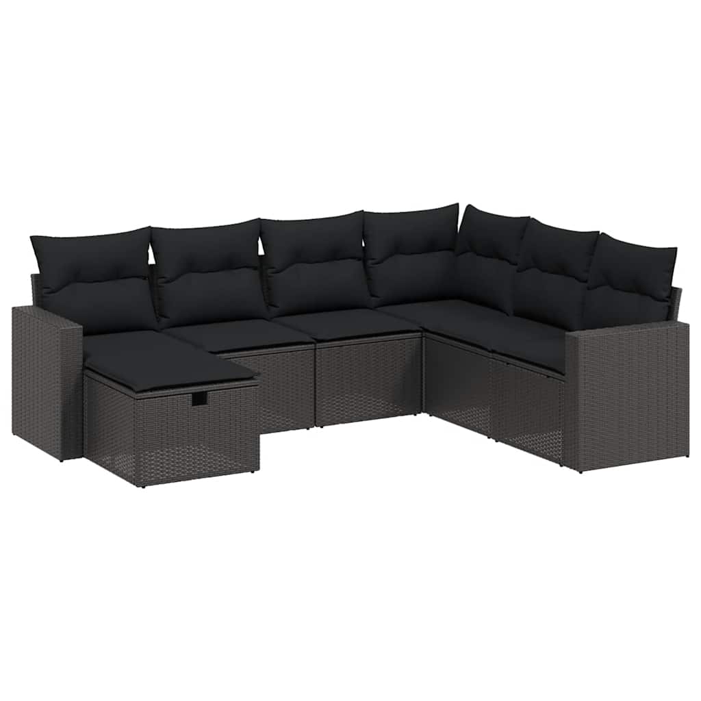 Salon de jardin 7 pcs avec coussins noir résine tressée