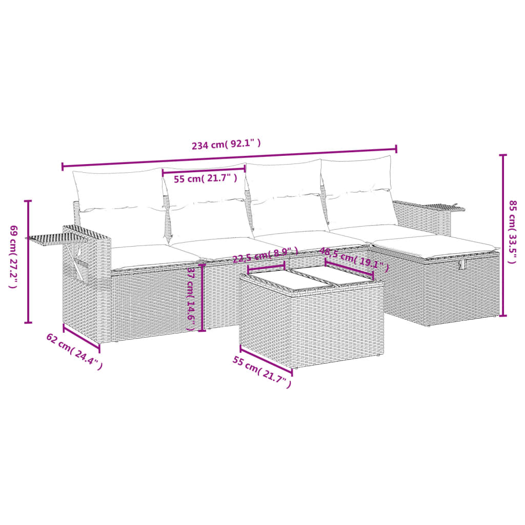 Ensemble de canapé de jardin 6 pcs avec coussins marron résine tressée