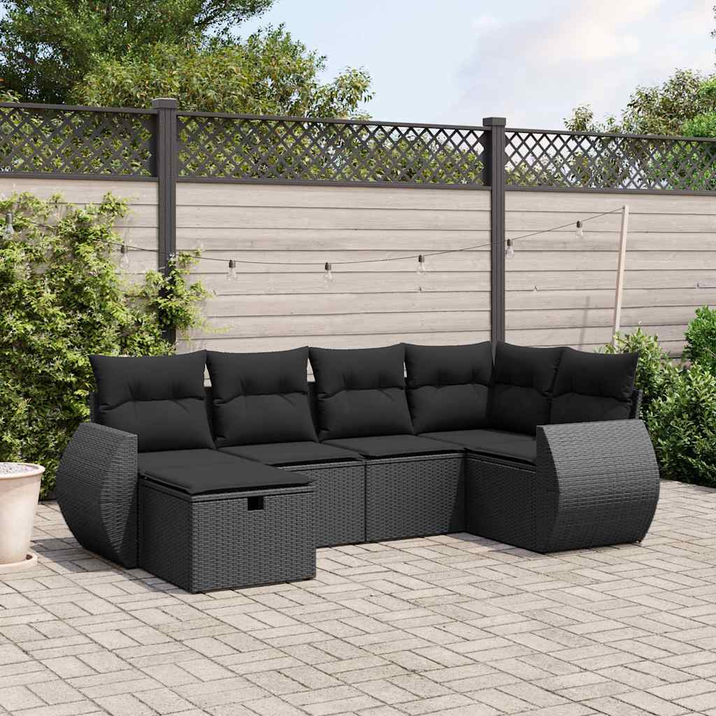 Salon de jardin 6 pcs avec coussins noir résine tressée