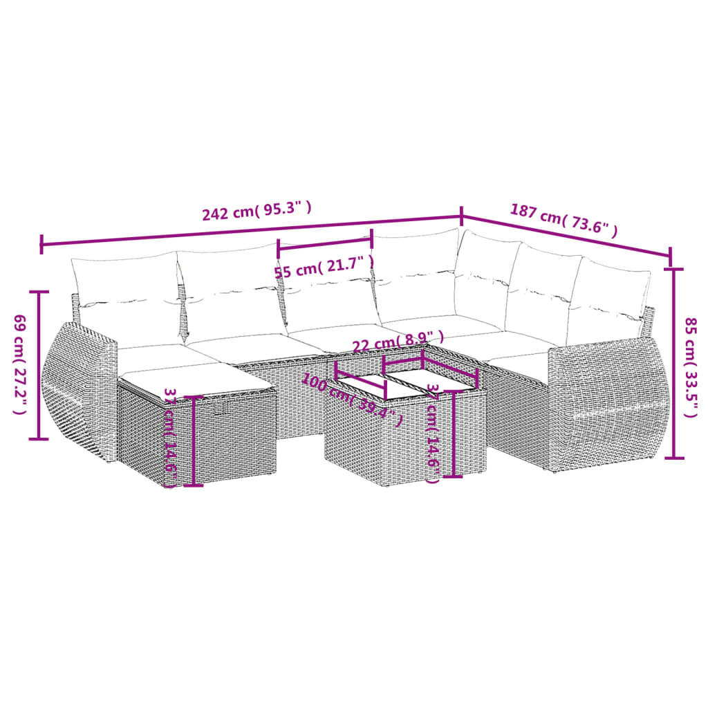 Ensemble de canapé de jardin 8 pcs avec coussins gris résine tressée