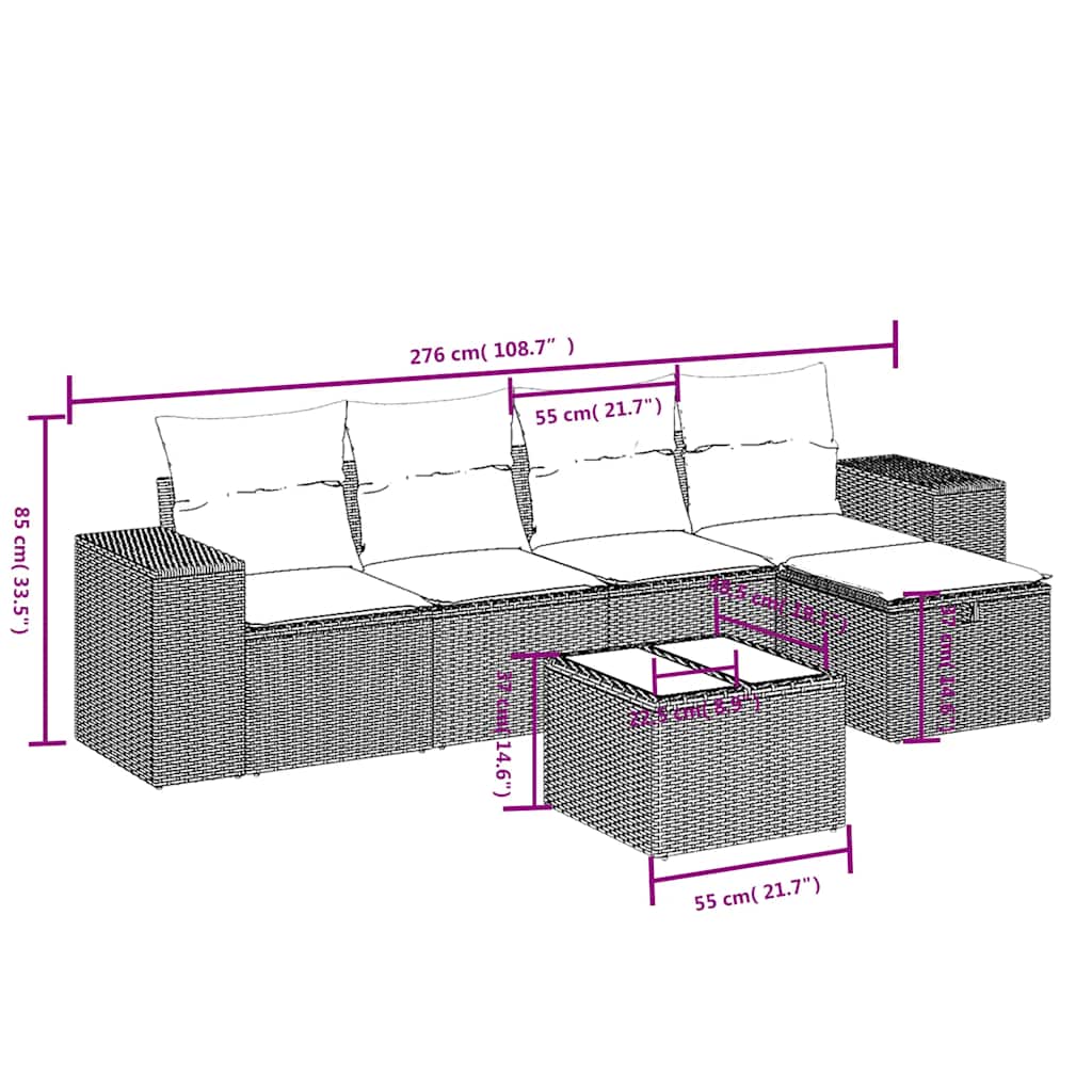 Salon de jardin 6 pcs avec coussins noir résine tressée