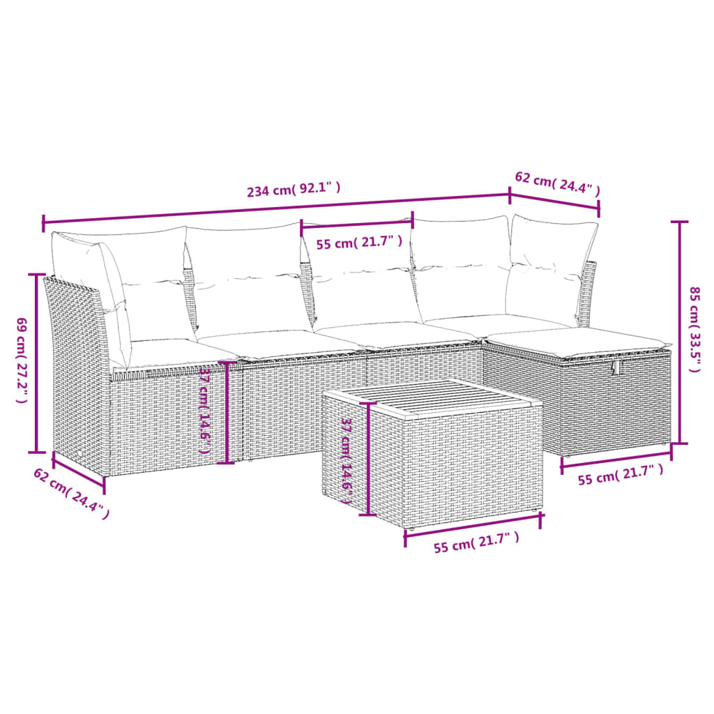Salon de jardin avec coussins 6 pcs beige résine tressée
