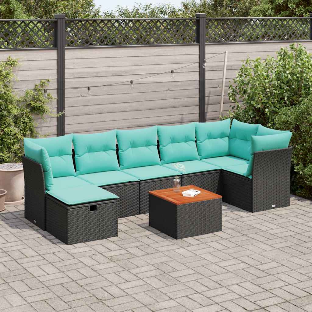 Ensemble de canapé de jardin 8 pcs avec coussins noir résine tressée