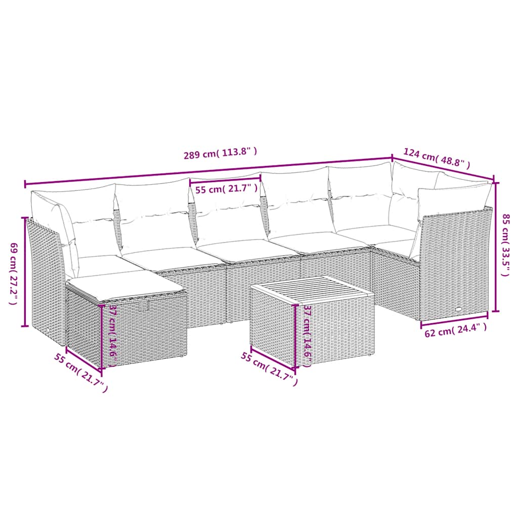 Ensemble de canapé de jardin 8 pcs avec coussins gris résine tressée