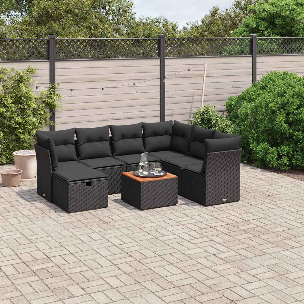 Salon de jardin 8 pcs avec coussins noir résine tressée
