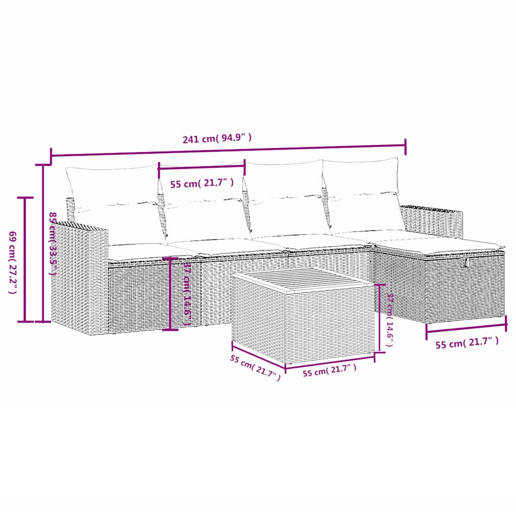 Ensemble de canapé de jardin 6 pcs avec coussins gris résine tressée