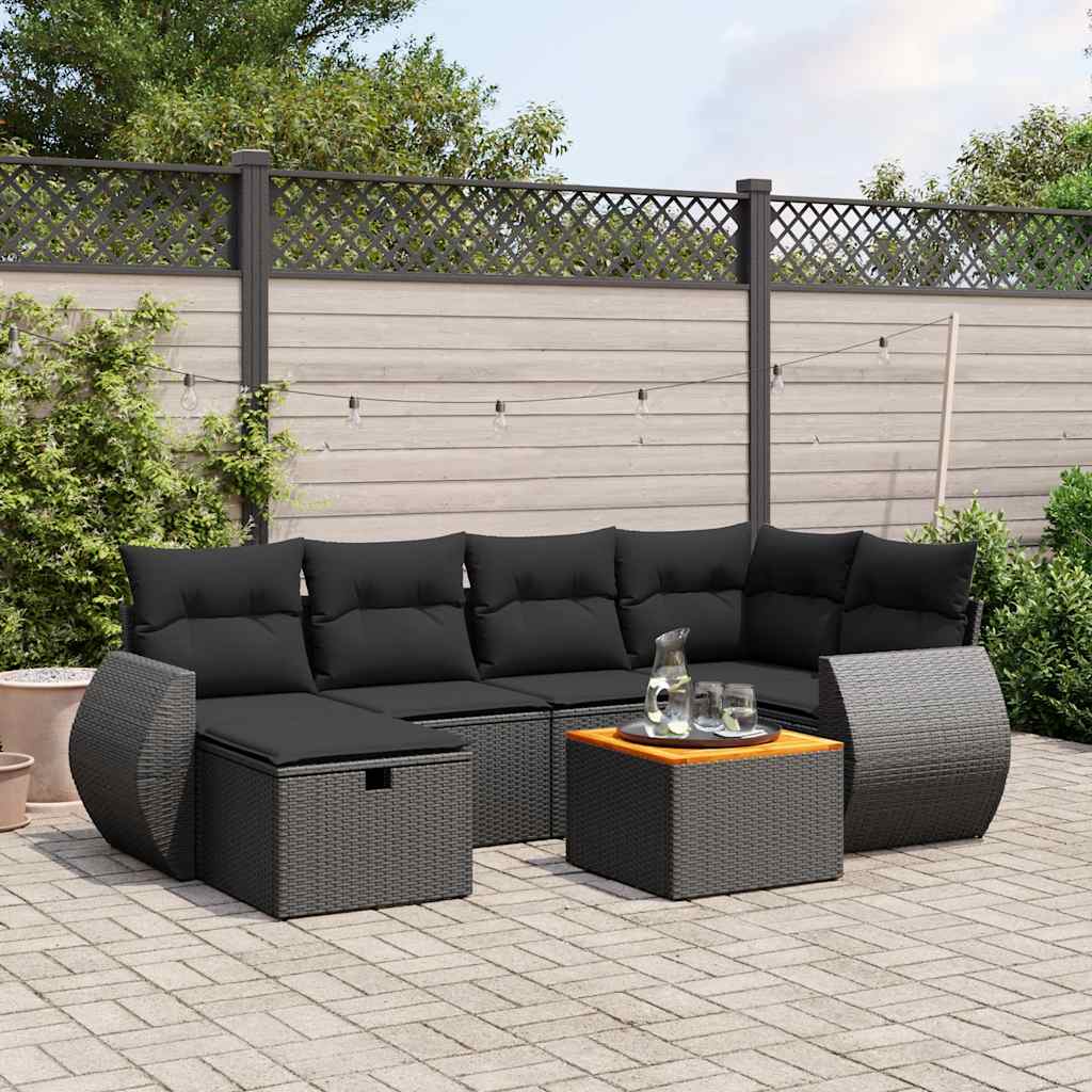 Salon de jardin 7 pcs avec coussins noir résine tressée