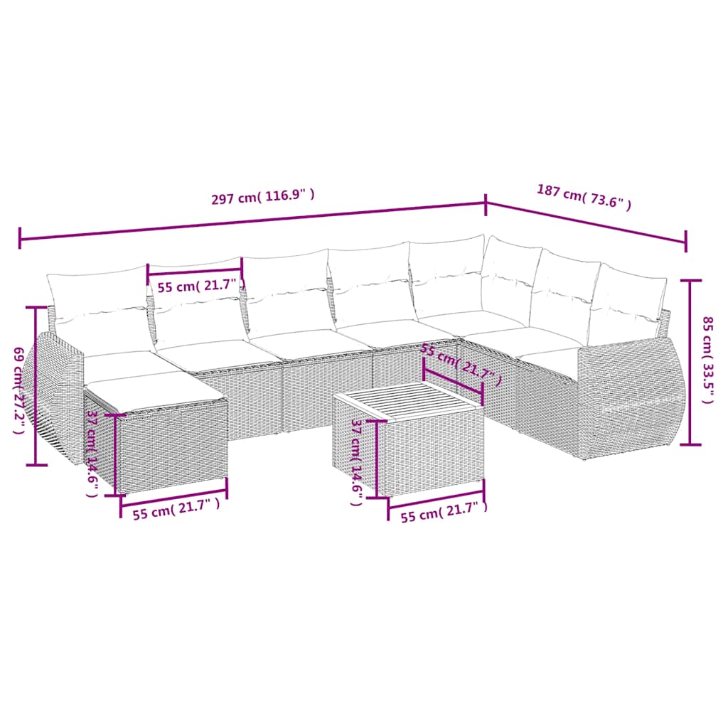 Ensemble de canapé de jardin 9 pcs avec coussins gris résine tressée