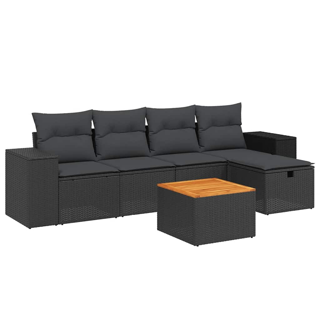 Salon de jardin 6 pcs avec coussins noir résine tressée