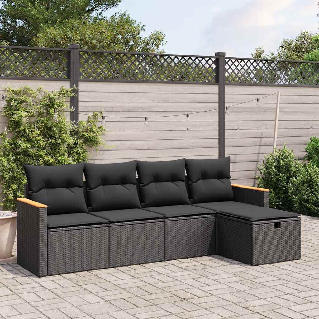 Salon de jardin 5 pcs avec coussins noir résine tressée