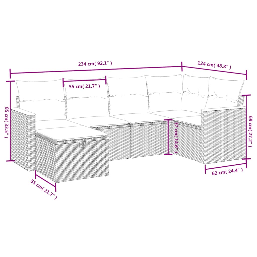 Salon de jardin 6 pcs avec coussins noir résine tressée