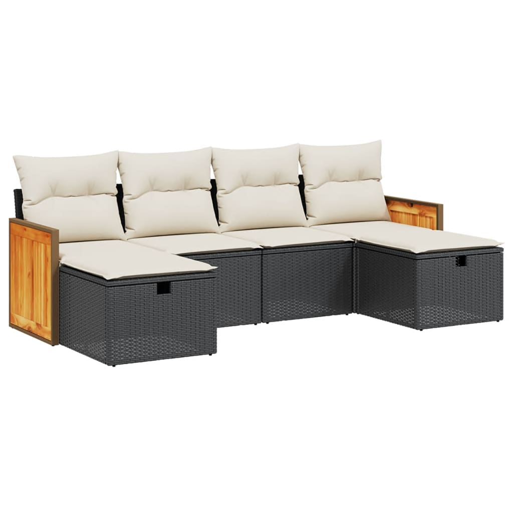 Salon de jardin 6 pcs avec coussins noir résine tressée