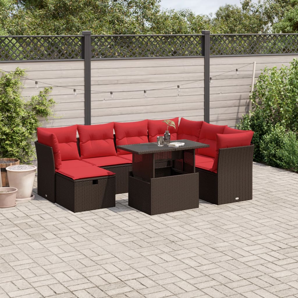 Ensemble de canapé de jardin 8 pcs avec coussins marron résine tressée