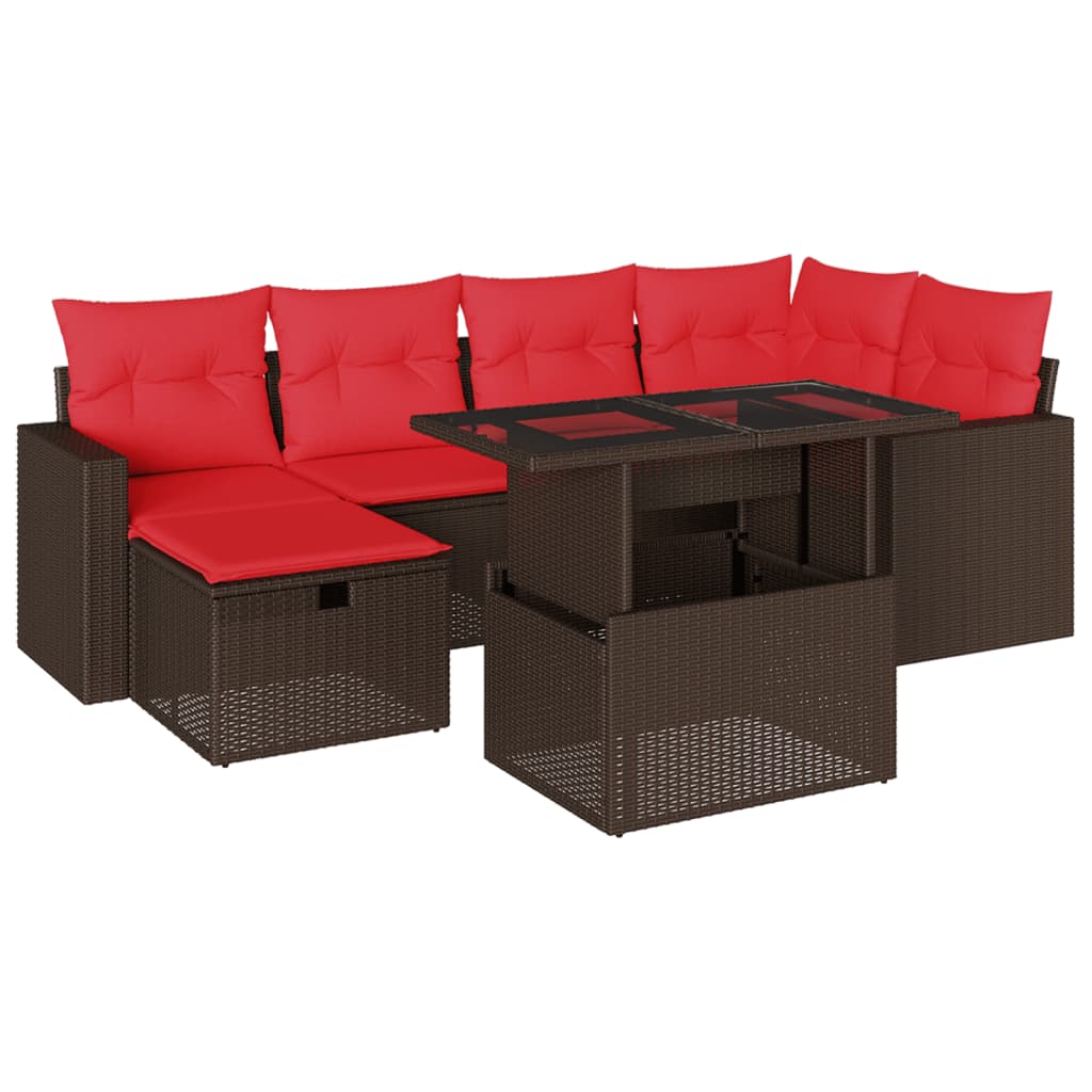 Ensemble de canapé de jardin 7 pcs avec coussins marron résine tressée