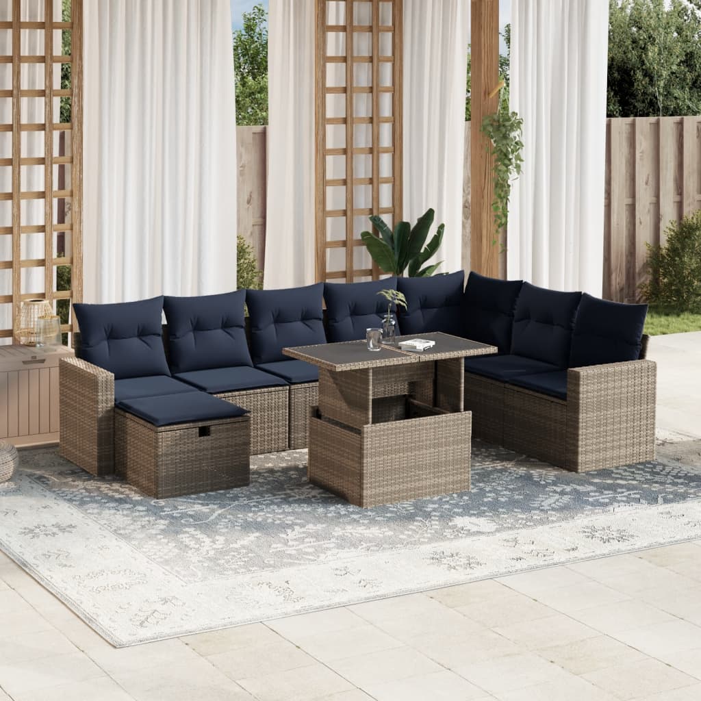 Ensemble de canapé de jardin 9 pcs avec coussins gris résine tressée