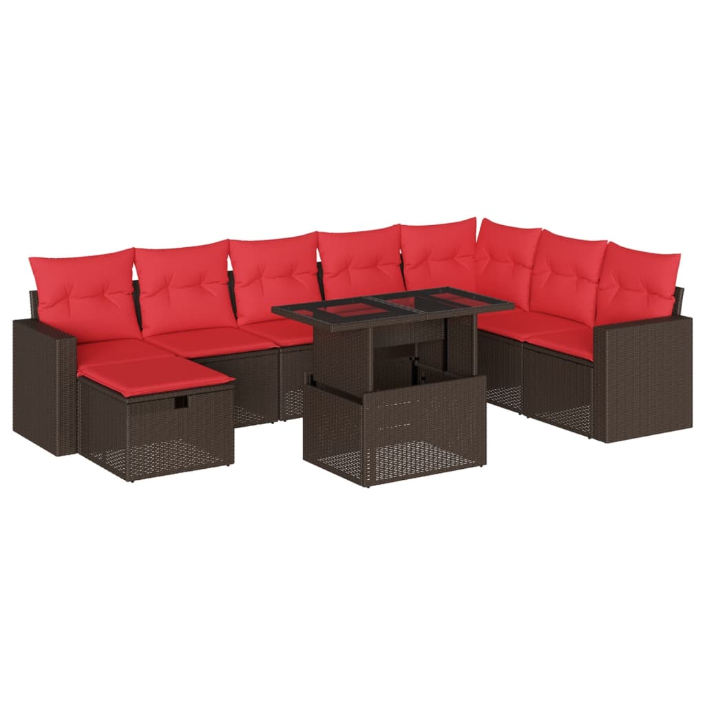 Ensemble de canapé de jardin 9 pcs avec coussins marron résine tressée