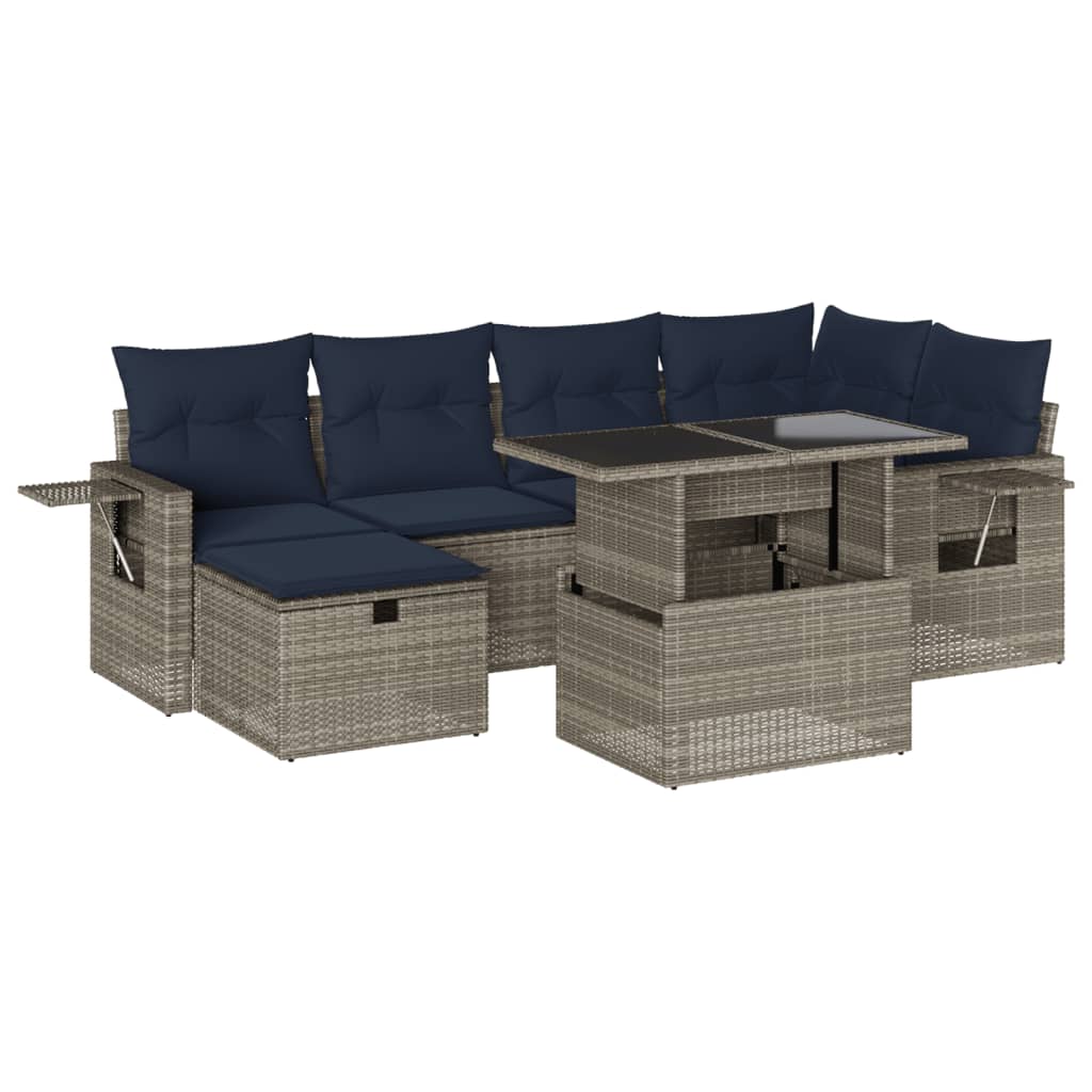 Ensemble de canapé de jardin 7 pcs avec coussins gris résine tressée