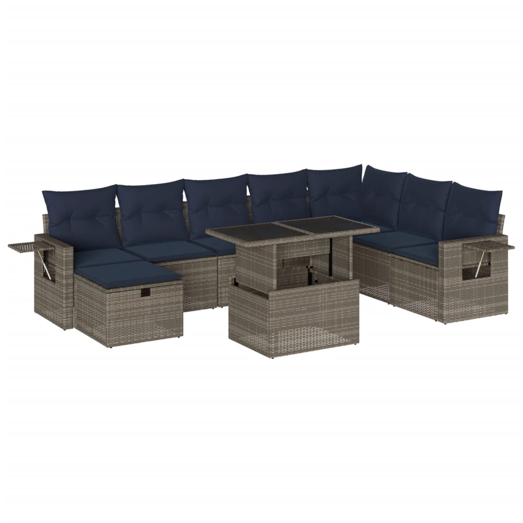 Ensemble de canapé de jardin 9 pcs avec coussins gris résine tressée