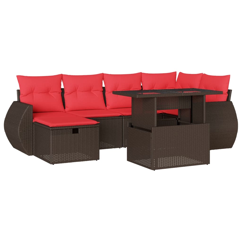 Ensemble de canapé de jardin 7 pcs avec coussins marron résine tressée