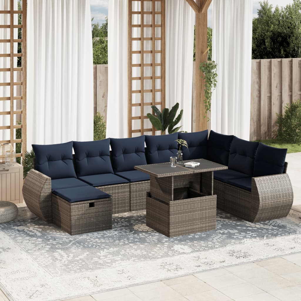 Ensemble de canapé de jardin 9 pcs avec coussins gris résine tressée