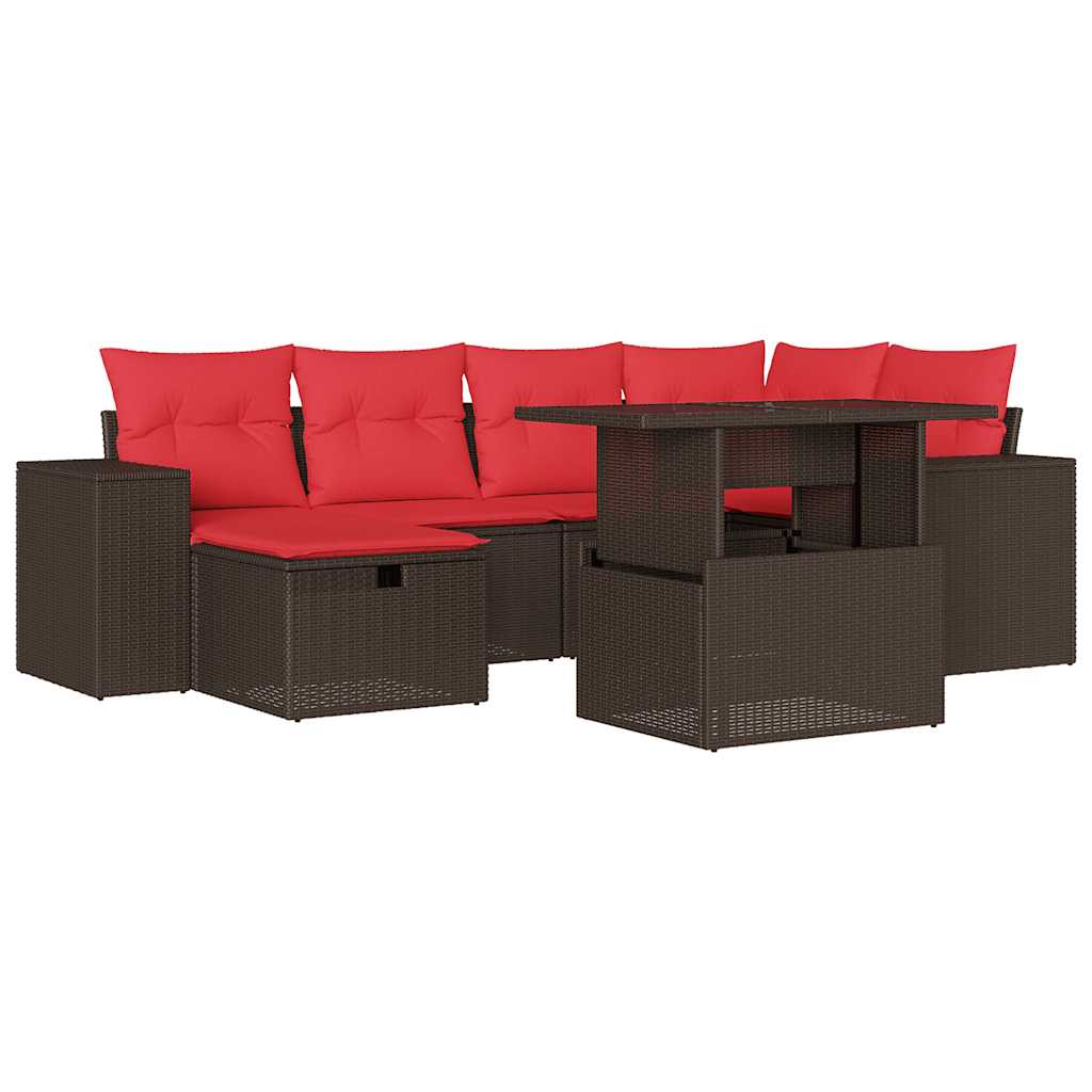 Ensemble de canapé de jardin 7 pcs avec coussins marron résine tressée