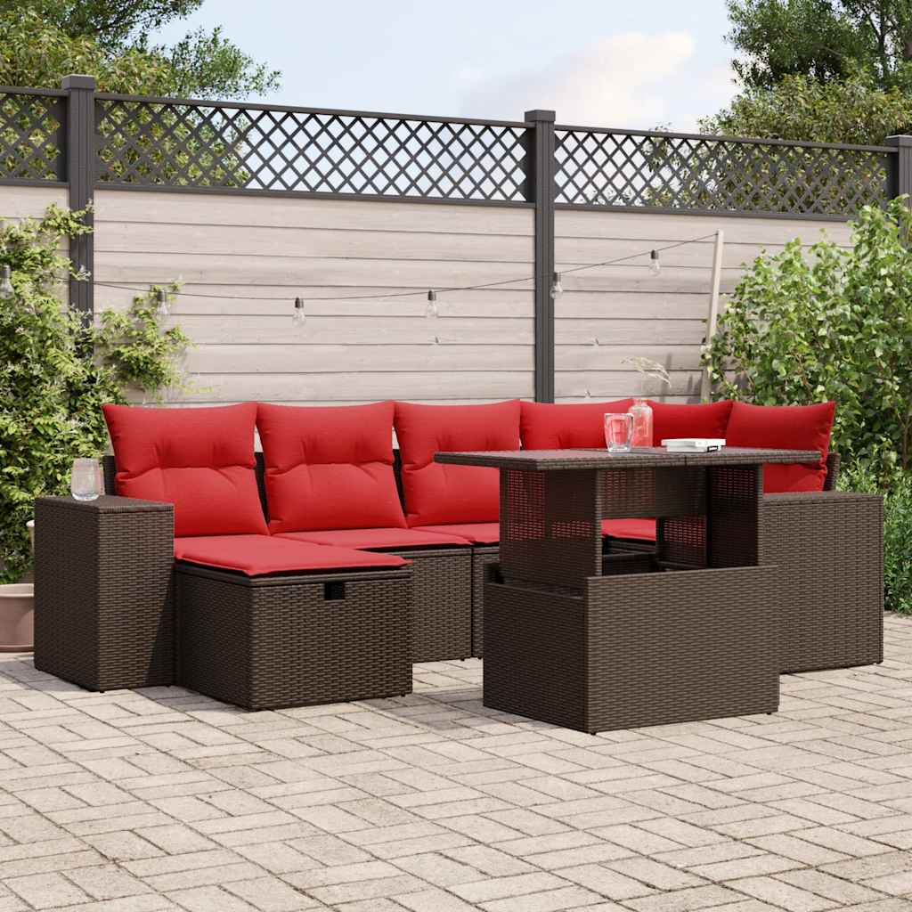 Ensemble de canapé de jardin 7 pcs avec coussins marron résine tressée