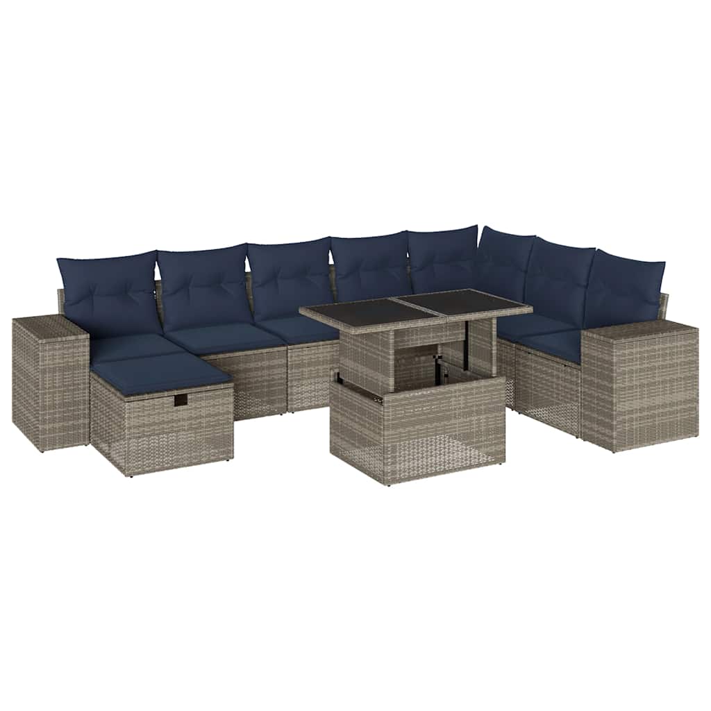 Ensemble de canapé de jardin 9 pcs avec coussins gris résine tressée
