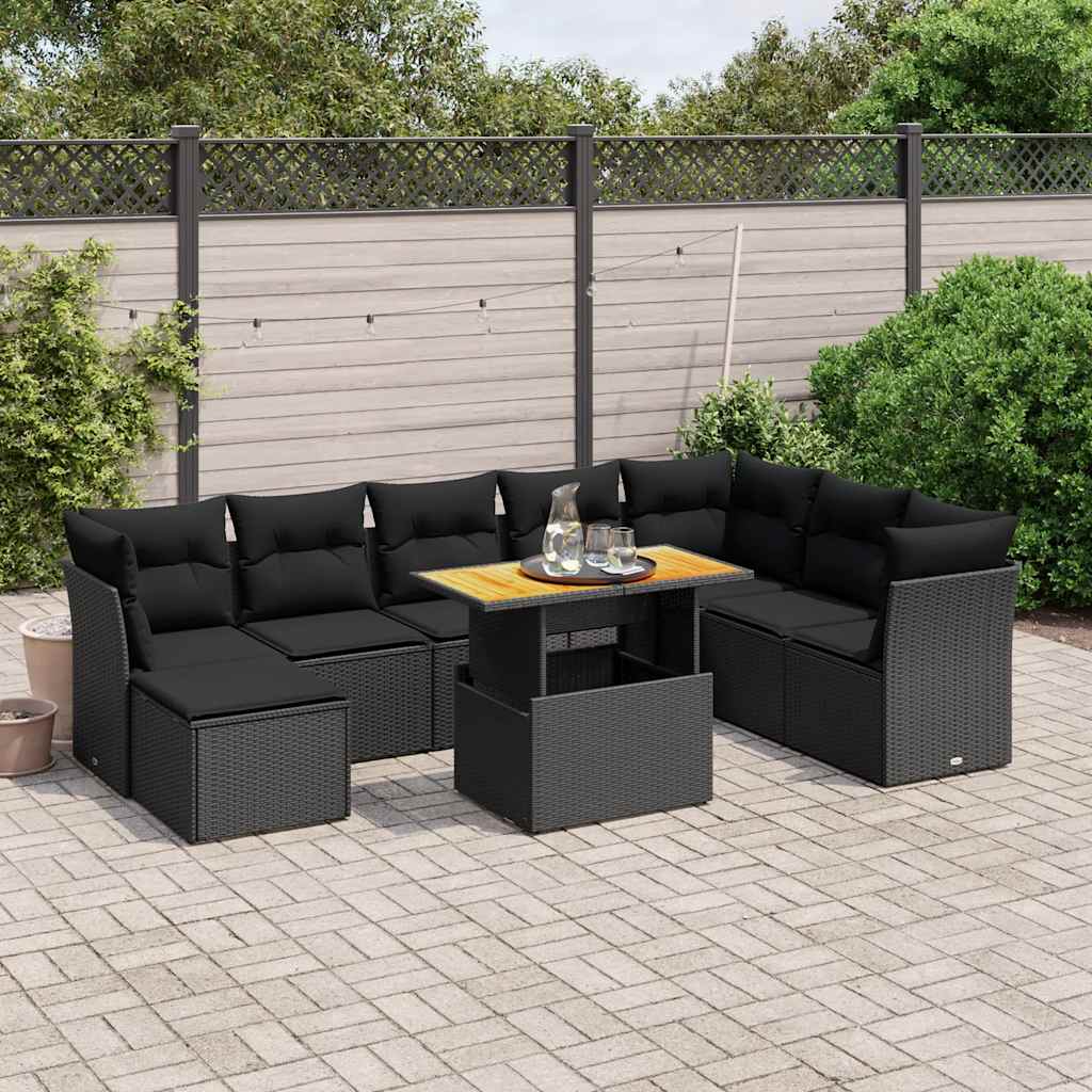 Salon de jardin 9 pcs avec coussins noir résine tressée