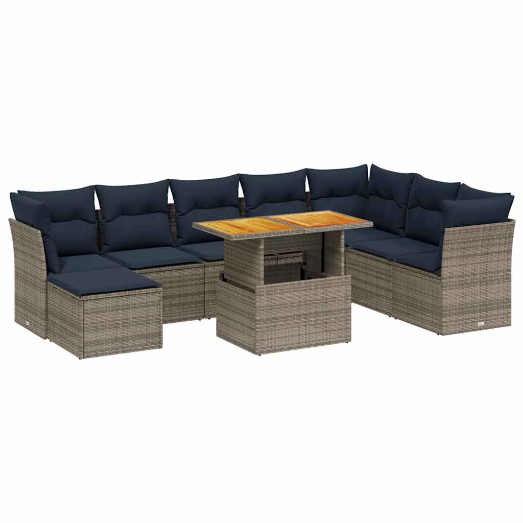 Salon de jardin 9 pcs avec coussins gris résine tressée