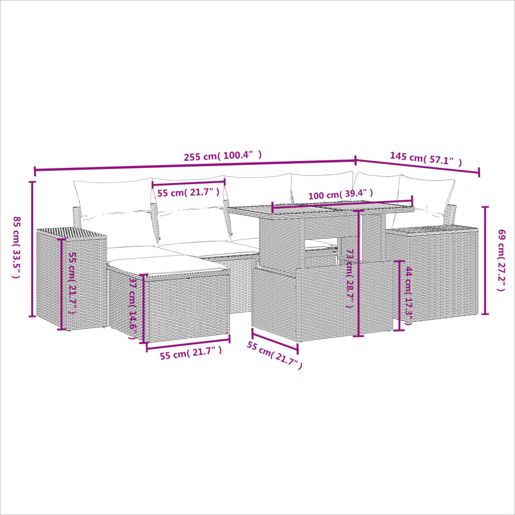 Salon de jardin avec coussins 7 pcs beige résine tressée