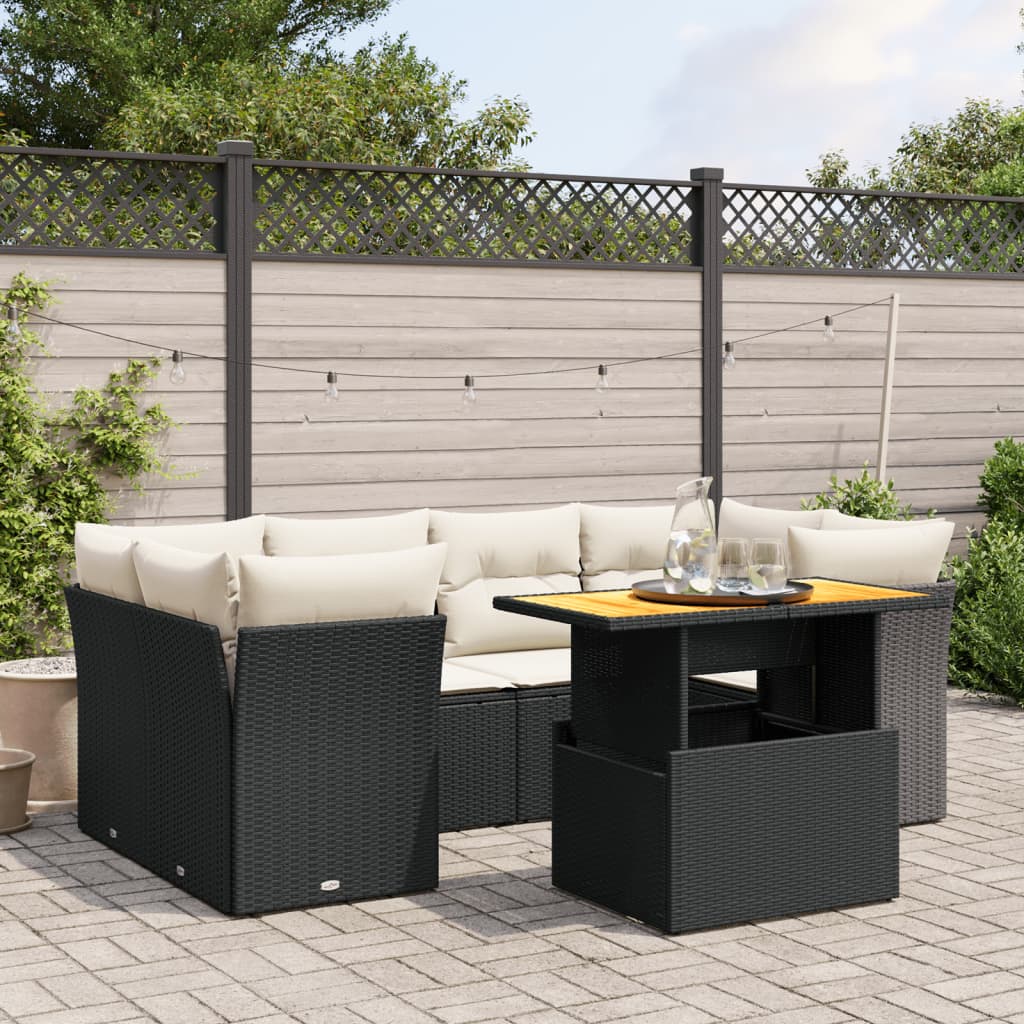 Salon de jardin 7 pcs avec coussins noir résine tressée