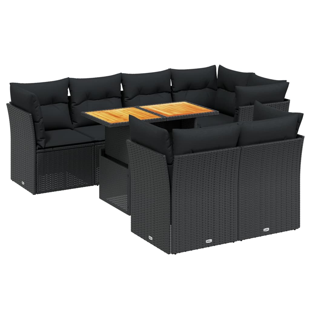 Salon de jardin 8 pcs avec coussins noir résine tressée