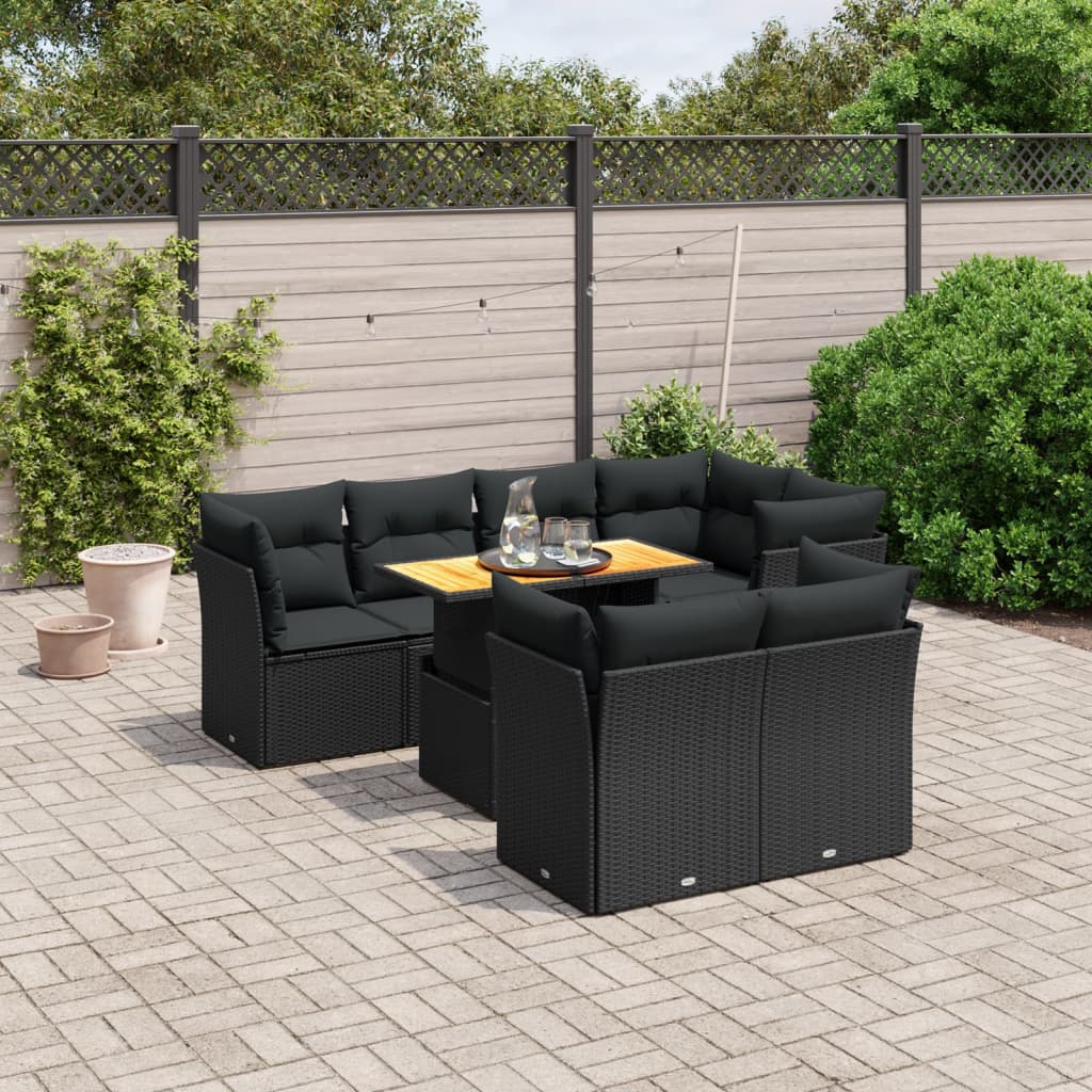 Salon de jardin 8 pcs avec coussins noir résine tressée