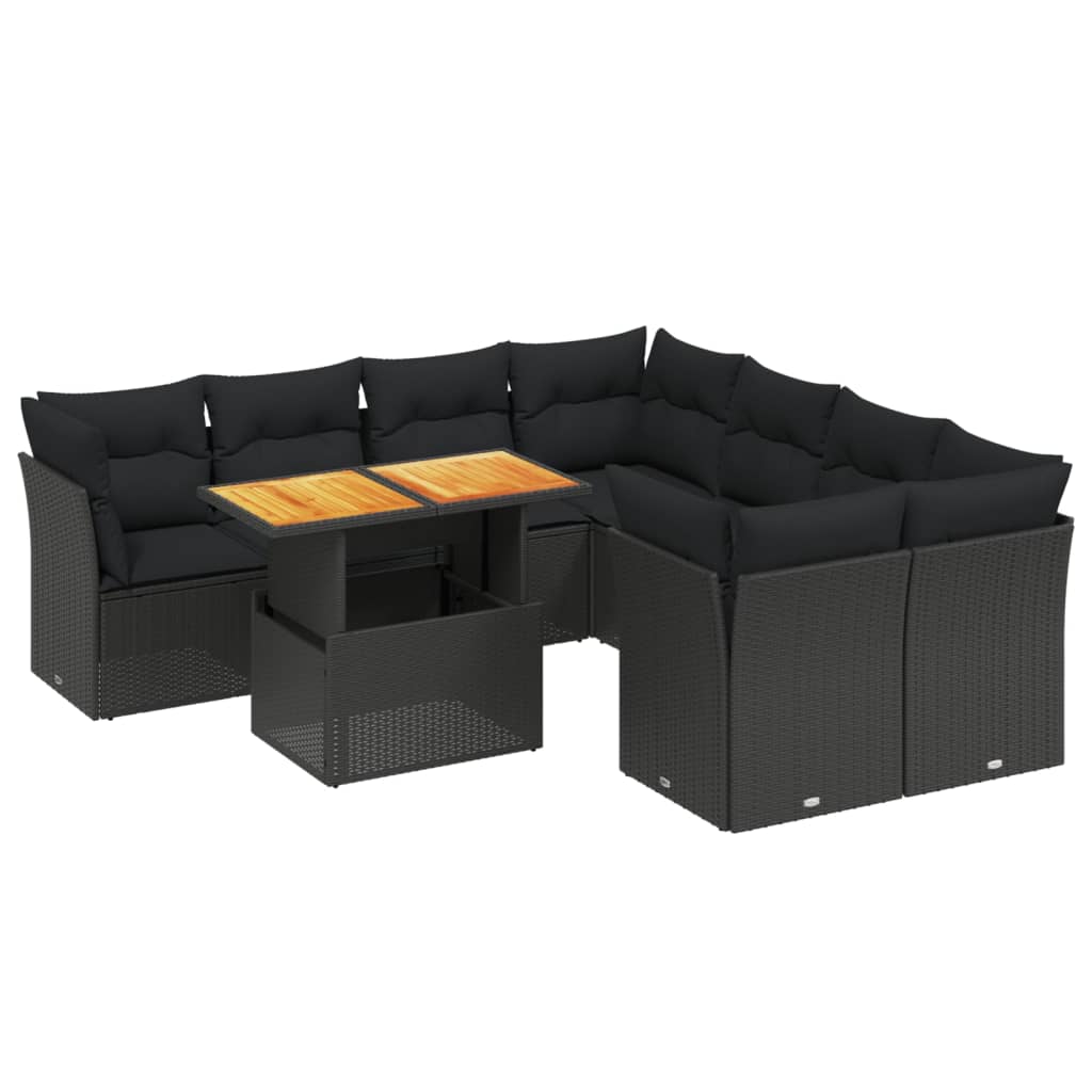 Salon de jardin 9 pcs avec coussins noir résine tressée