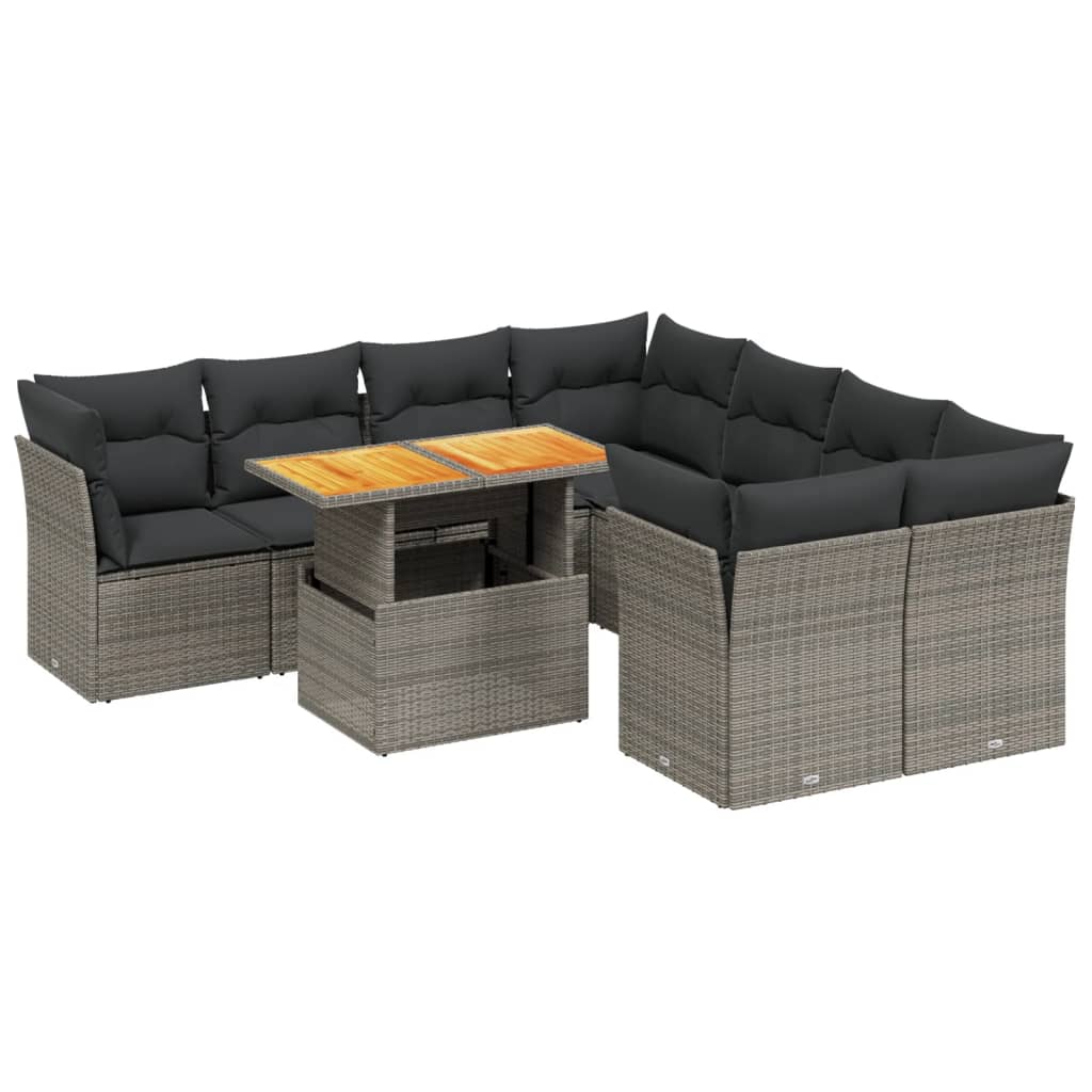 Salon de jardin 9 pcs avec coussins gris résine tressée