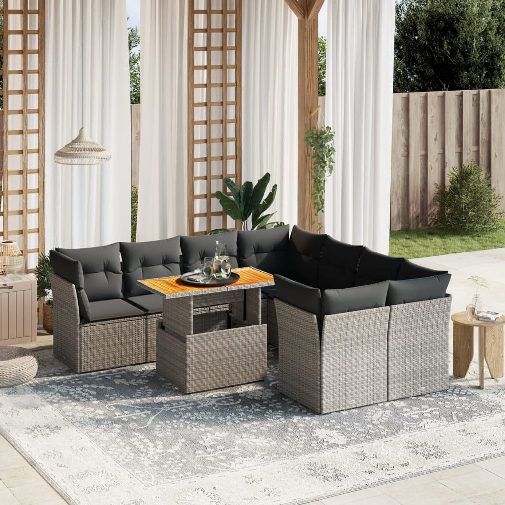 Salon de jardin 9 pcs avec coussins gris résine tressée