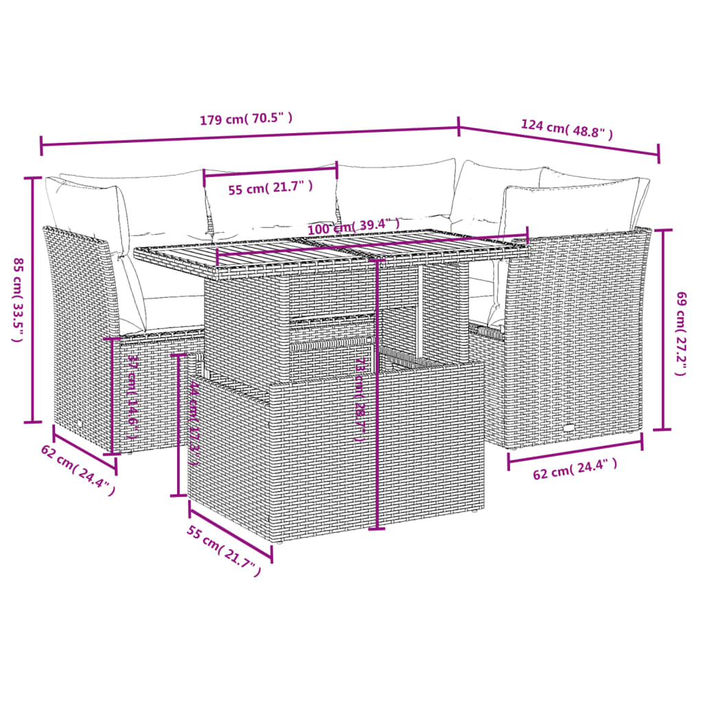 Salon de jardin avec coussins 5 pcs beige résine tressée