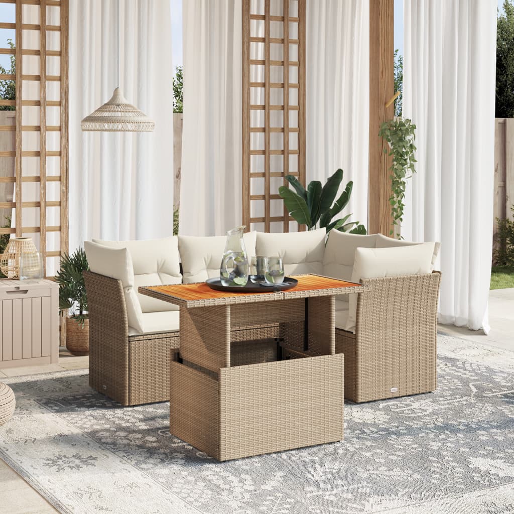 Salon de jardin avec coussins 5 pcs beige résine tressée