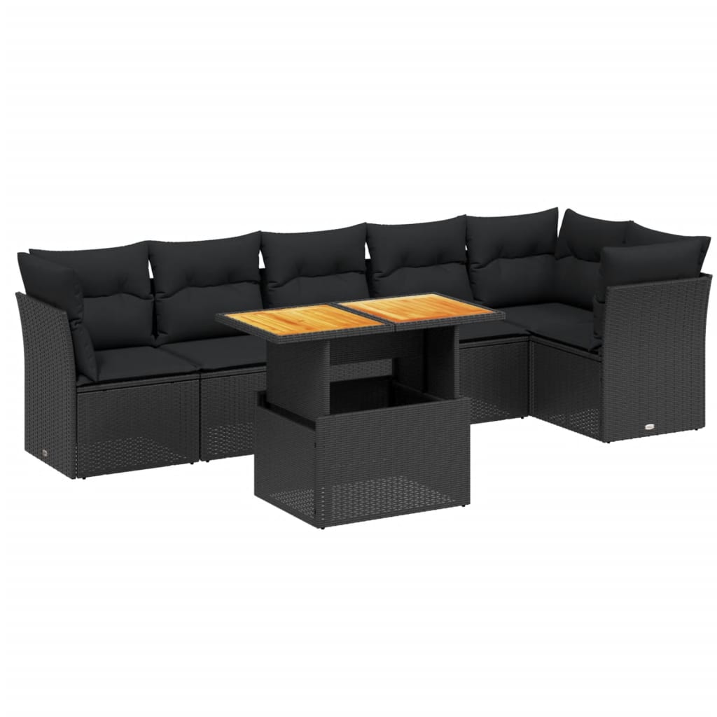 Salon de jardin 7 pcs avec coussins noir résine tressée