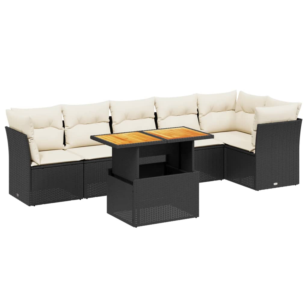 Salon de jardin 7 pcs avec coussins noir résine tressée