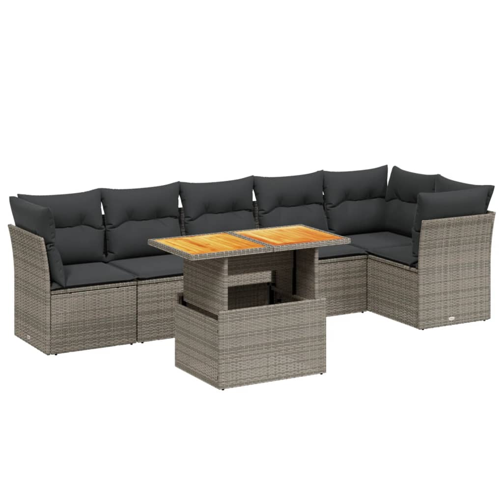 Salon de jardin avec coussins 7 pcs gris résine tressée