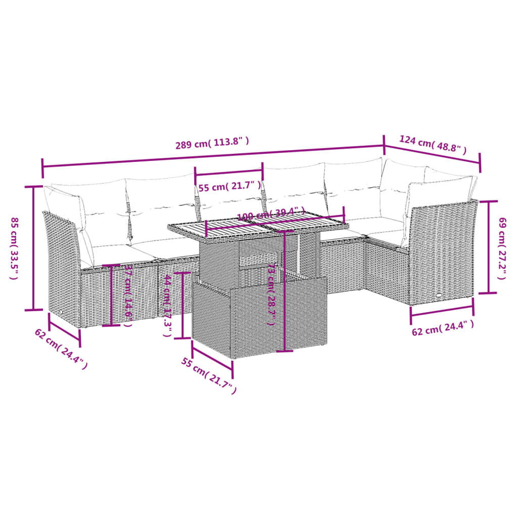 Salon de jardin avec coussins 7 pcs gris résine tressée