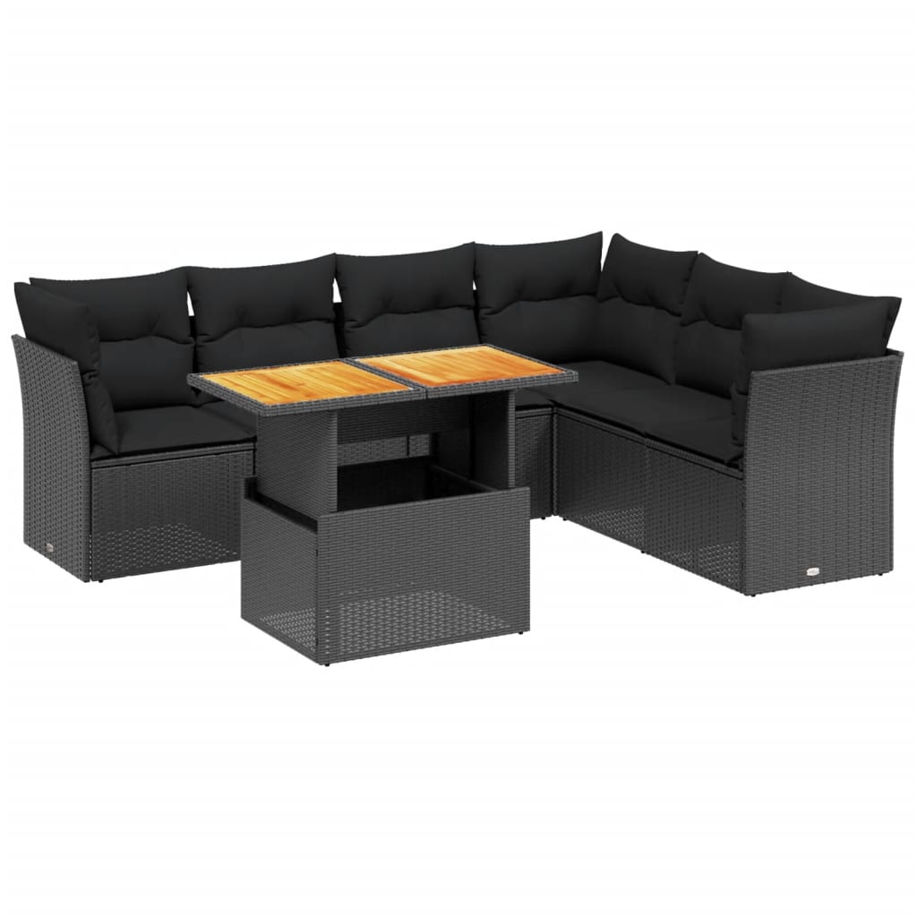 Salon de jardin 7 pcs avec coussins noir résine tressée